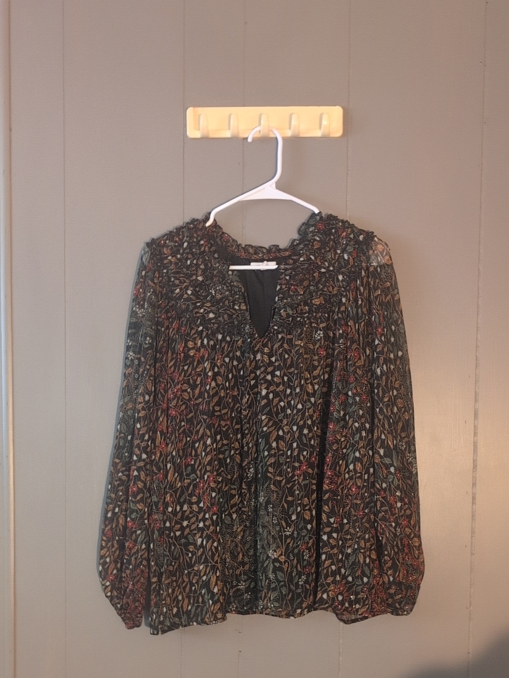 Maurices Black Floral Smocked V-Neck Peasant Blouse